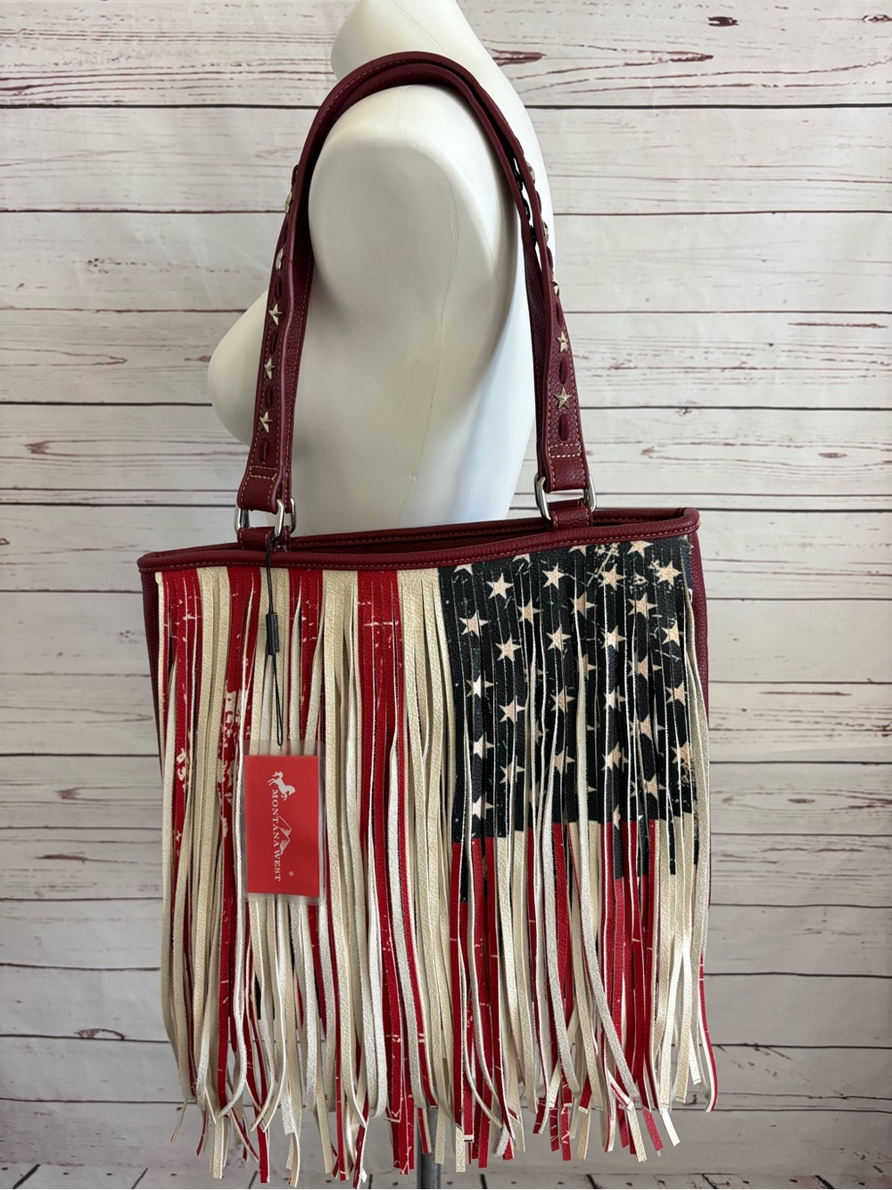 Montana West Fringe American Flag Tote Bag Red Patriotic Western Purse NWT